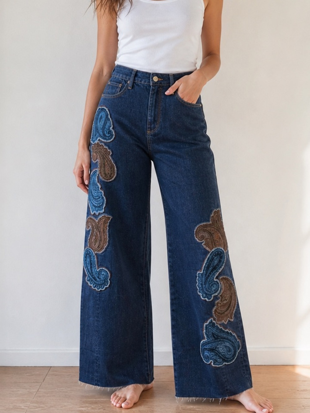 Driftwood Wide Leg Jeans Dark Wash Paisley Embroidered High Rise Raw Hem size 26